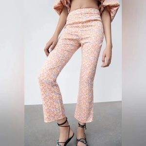 Zara Satin Floral Kick Flare Pants Pastel Size Small